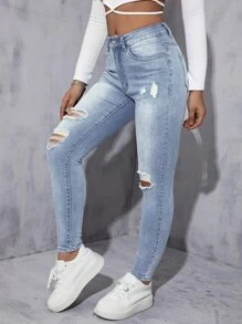 Jeans ajustados desgarro de talle alto - Lavado ligero - Ver 1