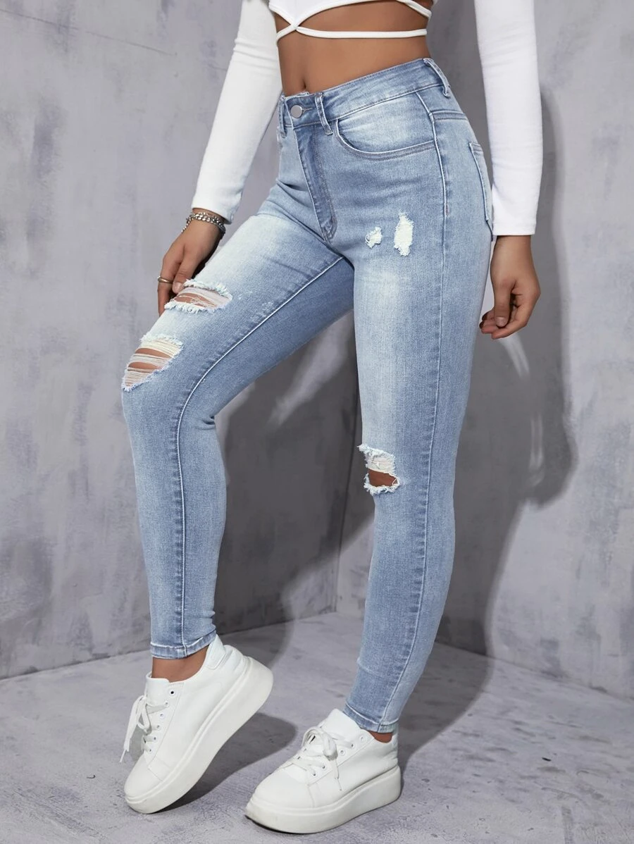 Jeans ajustados desgarro de talle alto - Lavado ligero - Ver 1