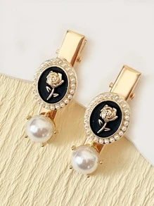 2入組女士玫瑰花合金珍珠精美髮夾邊夾短夾