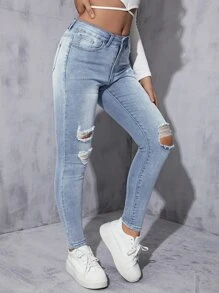 Jeans ajustados desgarro de talle alto - Lavado ligero - Ver 5