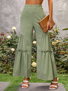 SHEIN VCAY Frill Trim Wide Leg Trousers - Mint Green - View 1