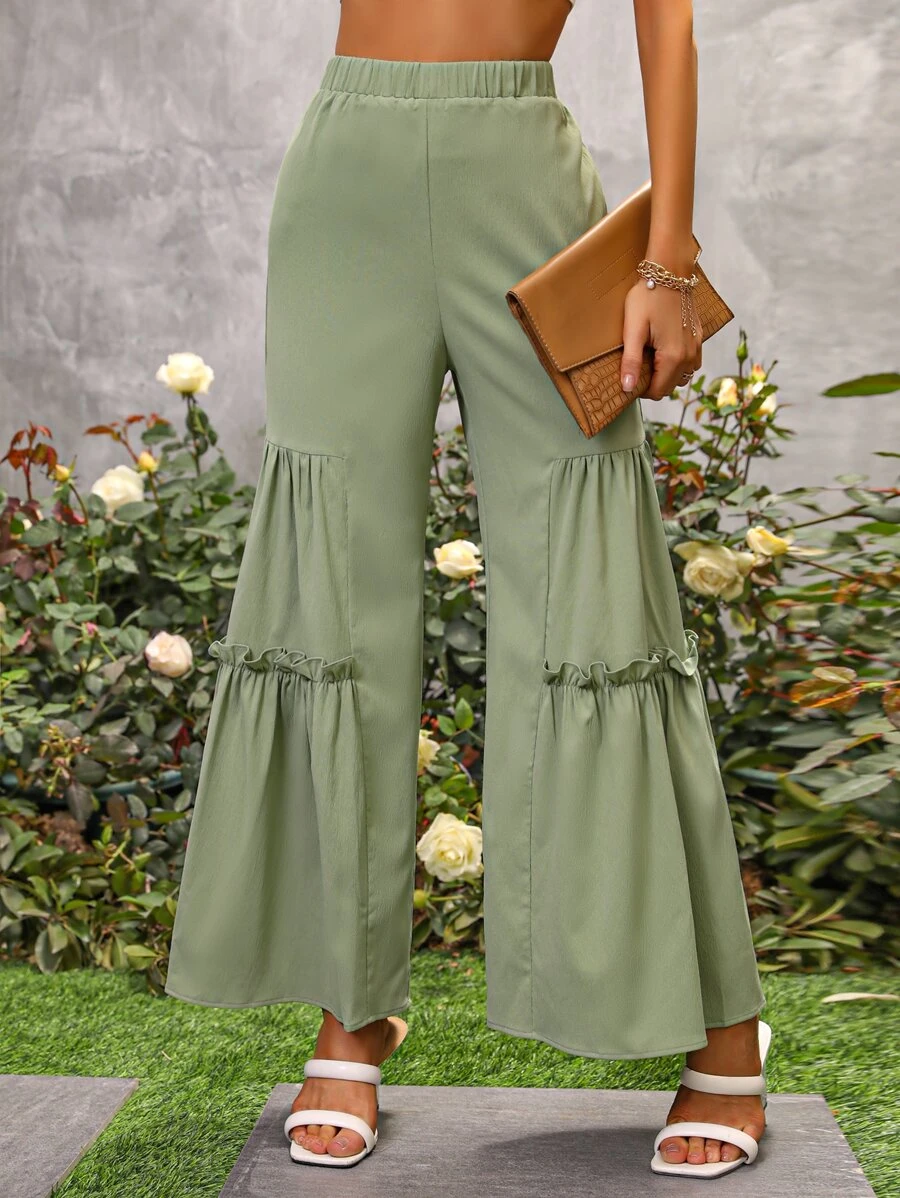 SHEIN VCAY Frill Trim Wide Leg Trousers - Mint Green - View 1