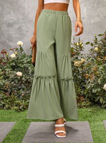 SHEIN VCAY Frill Trim Wide Leg Trousers - Mint Green - View 4