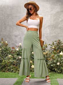 SHEIN VCAY Frill Trim Wide Leg Trousers - Mint Green - View 6