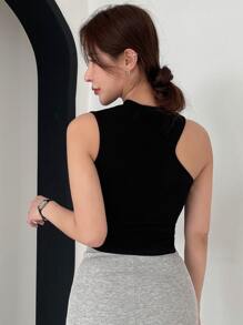 DAZY Cổ không đối xứng Đồ đan Ribbed Áo ba lỗ - màu đen - Xem 2