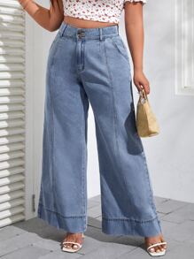 SHEIN VCAY Plus High Waist Wide Leg Jeans - Light Wash - View 1