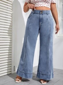 SHEIN VCAY Plus High Waist Wide Leg Jeans - Light Wash - View 3