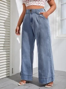 SHEIN VCAY Plus High Waist Wide Leg Jeans - Light Wash - View 4