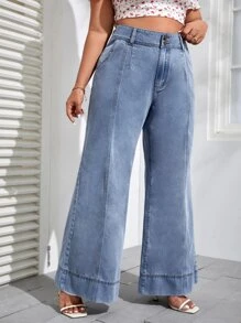 SHEIN VCAY Plus High Waist Wide Leg Jeans - Light Wash - View 5