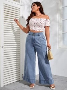 SHEIN VCAY Plus High Waist Wide Leg Jeans - Light Wash - View 6