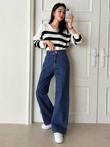 DAZY 頂針直筒牛仔褲 - 深色水洗藍 - 查看 4