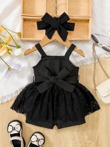 Baby Contrast Lace Cami Romper With Headband - Black - View 1