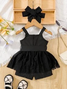 Baby Contrast Lace Cami Romper With Headband - Black - View 2