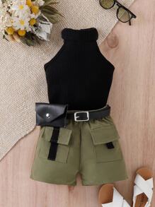 Baby Girl Halter Top & Flap Pocket Shorts Without Belt Bag - Multicolor - View 1