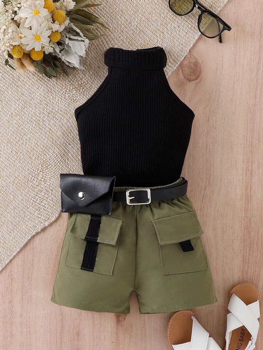 Baby Girl Halter Top & Flap Pocket Shorts Without Belt Bag - Multicolor - View 1