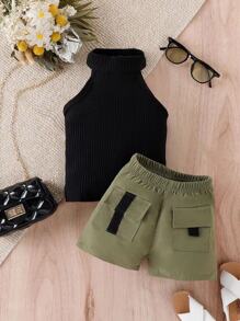 Baby Girl Halter Top & Flap Pocket Shorts Without Belt Bag - Multicolor - View 3