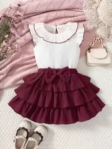 SHEIN Ragazzine Set rosso & bianco colorblock vacanza e città stile di strada due pezzi con piccolo rotondo colletto per l'estate - Rosso e Bianco - Visualizzare 1