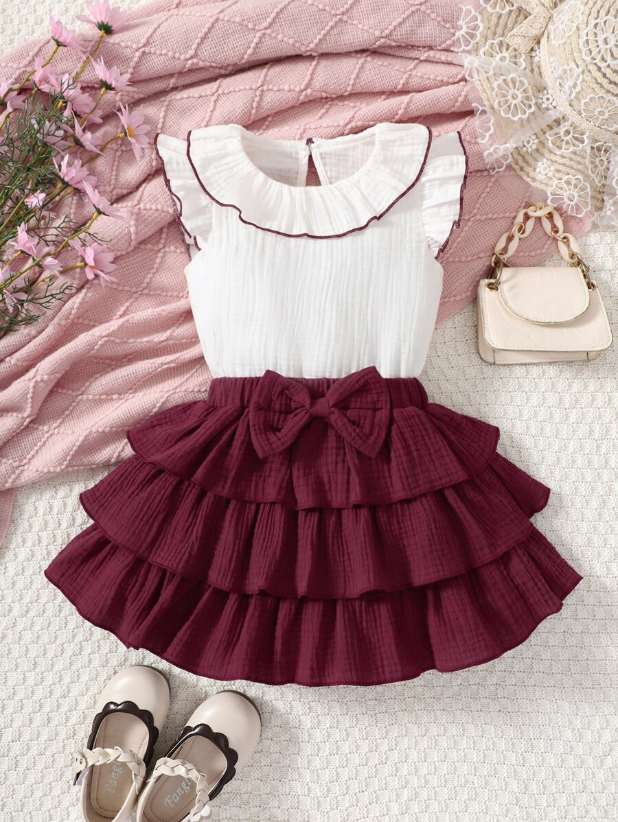 SHEIN Ragazzine Set rosso & bianco colorblock vacanza e città stile di strada due pezzi con piccolo rotondo colletto per l'estate - Rosso e Bianco - Visualizzare 1