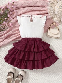 SHEIN Ragazzine Set rosso & bianco colorblock vacanza e città stile di strada due pezzi con piccolo rotondo colletto per l'estate - Rosso e Bianco - Visualizzare 2