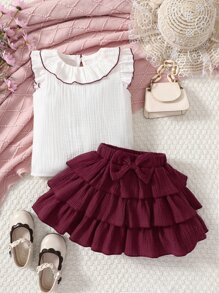 SHEIN Ragazzine Set rosso & bianco colorblock vacanza e città stile di strada due pezzi con piccolo rotondo colletto per l'estate - Rosso e Bianco - Visualizzare 3