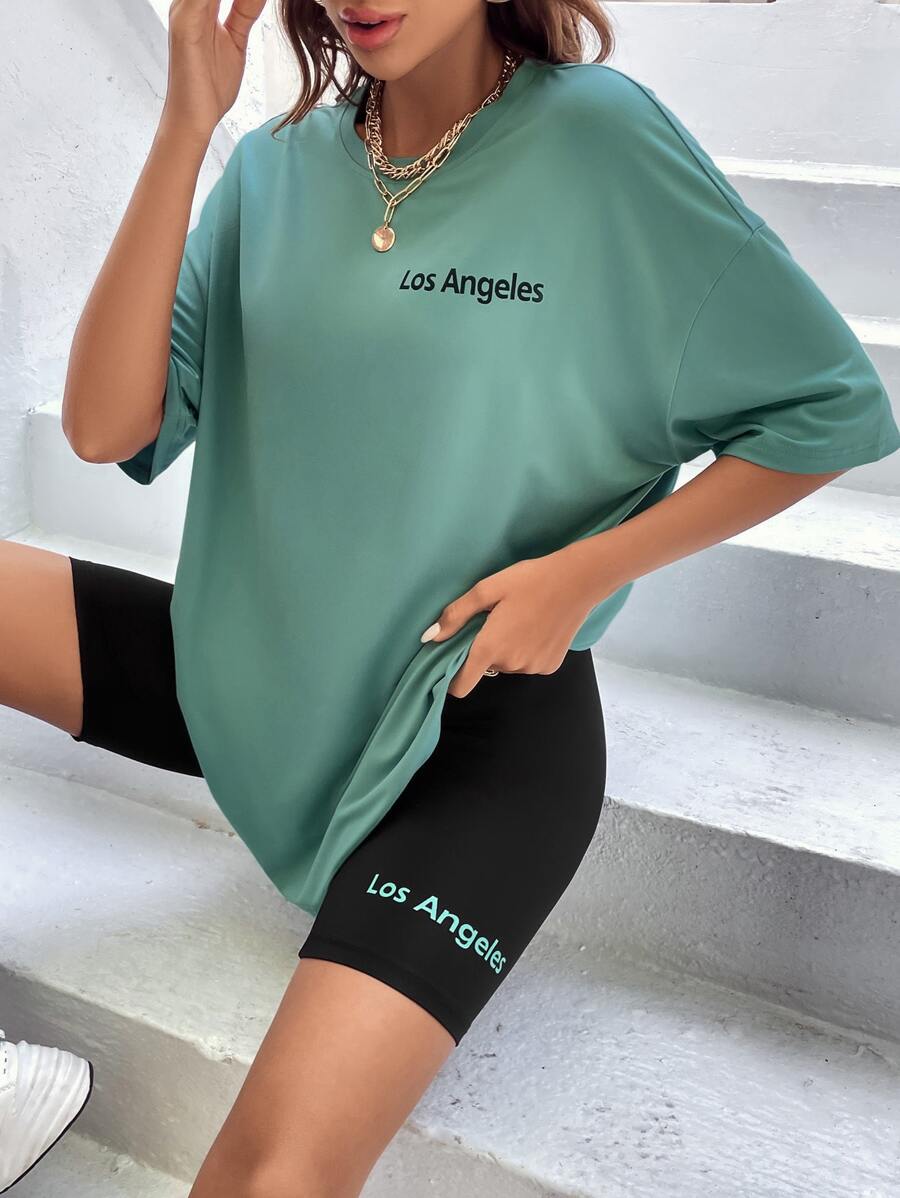 SHEIN Unity 字母圖案落肩T恤和騎行褲 - 彩色 - 查看 1