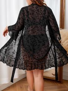 大碼印花附腰帶睡袍不附帶內頁衣褲套裝 - 黑色 - 查看 2