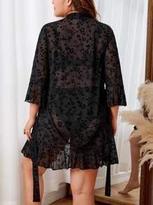 大碼印花附腰帶睡袍不附帶內頁衣褲套裝 - 黑色 - 查看 5