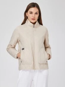 ZIAI Zip Up Quilted Padded Coat - Beige - View 1