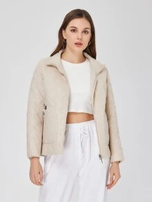 ZIAI Zip Up Quilted Padded Coat - Beige - View 4