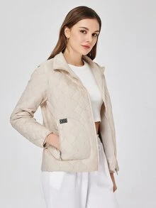 ZIAI Zip Up Quilted Padded Coat - Beige - View 7