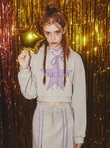 Star Patched Letter Graphic Drop Shoulder Crop Sweatshirt - Beige - View 1