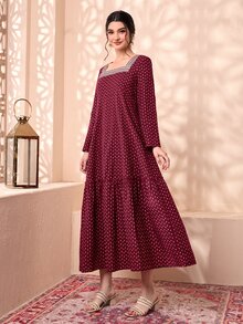 Divindia Vestido smock con estampado de cuello cuadrado bajo con fruncido - Multicolor - Ver 4