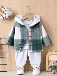 SHEIN Baby Boy Plaid Print Hooded Shirt & Pants Without Tee, For Christmas