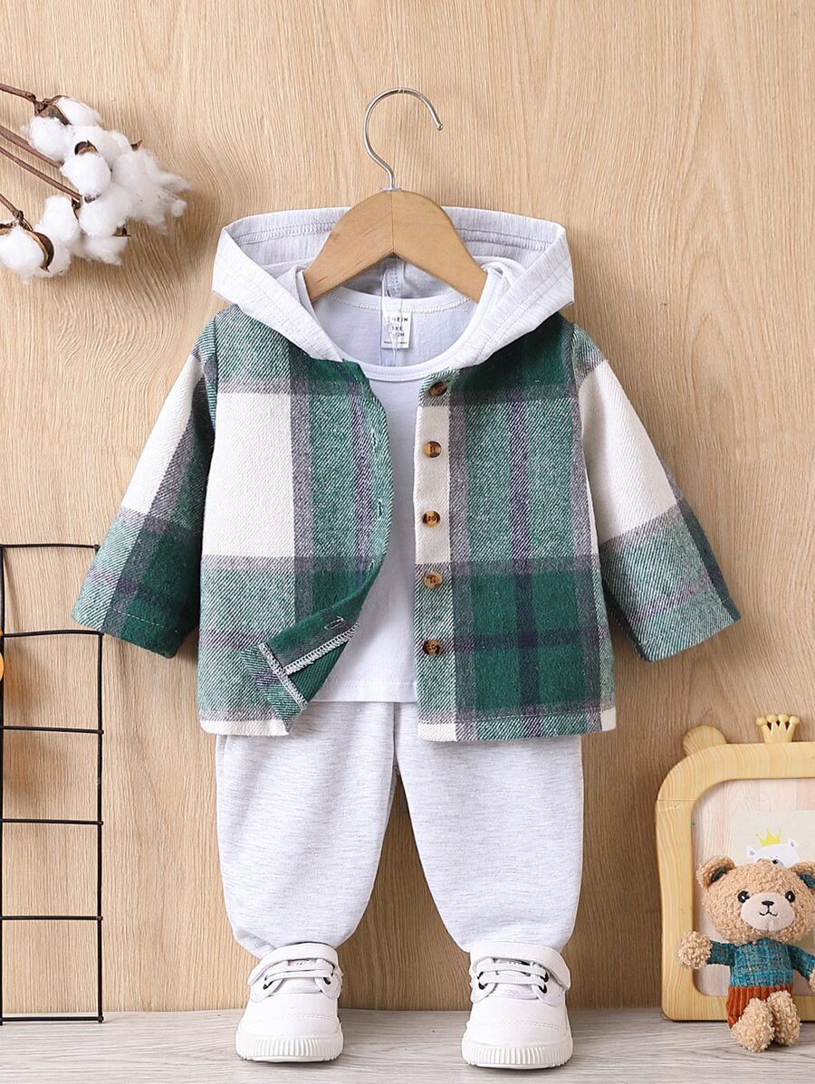 SHEIN Baby Boy Plaid Print Hooded Shirt & Pants Without Tee, For Christmas