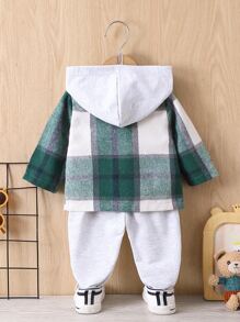 SHEIN Baby Boy Plaid Print Hooded Shirt & Pants Without Tee, For Christmas