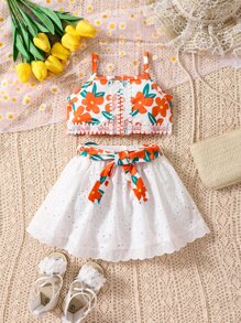 嬰兒女寶寶花朵印花背心上衣和露眼邊花邊刺繡裙子 - 彩色 - 查看 1