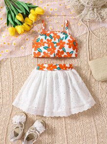 嬰兒女寶寶花朵印花背心上衣和露眼邊花邊刺繡裙子 - 彩色 - 查看 2