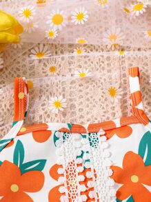 嬰兒女寶寶花朵印花背心上衣和露眼邊花邊刺繡裙子 - 彩色 - 查看 4