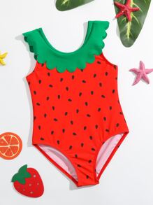 小女童西瓜圖案貝殼邊連體泳衣 - 紅色 - 查看 1