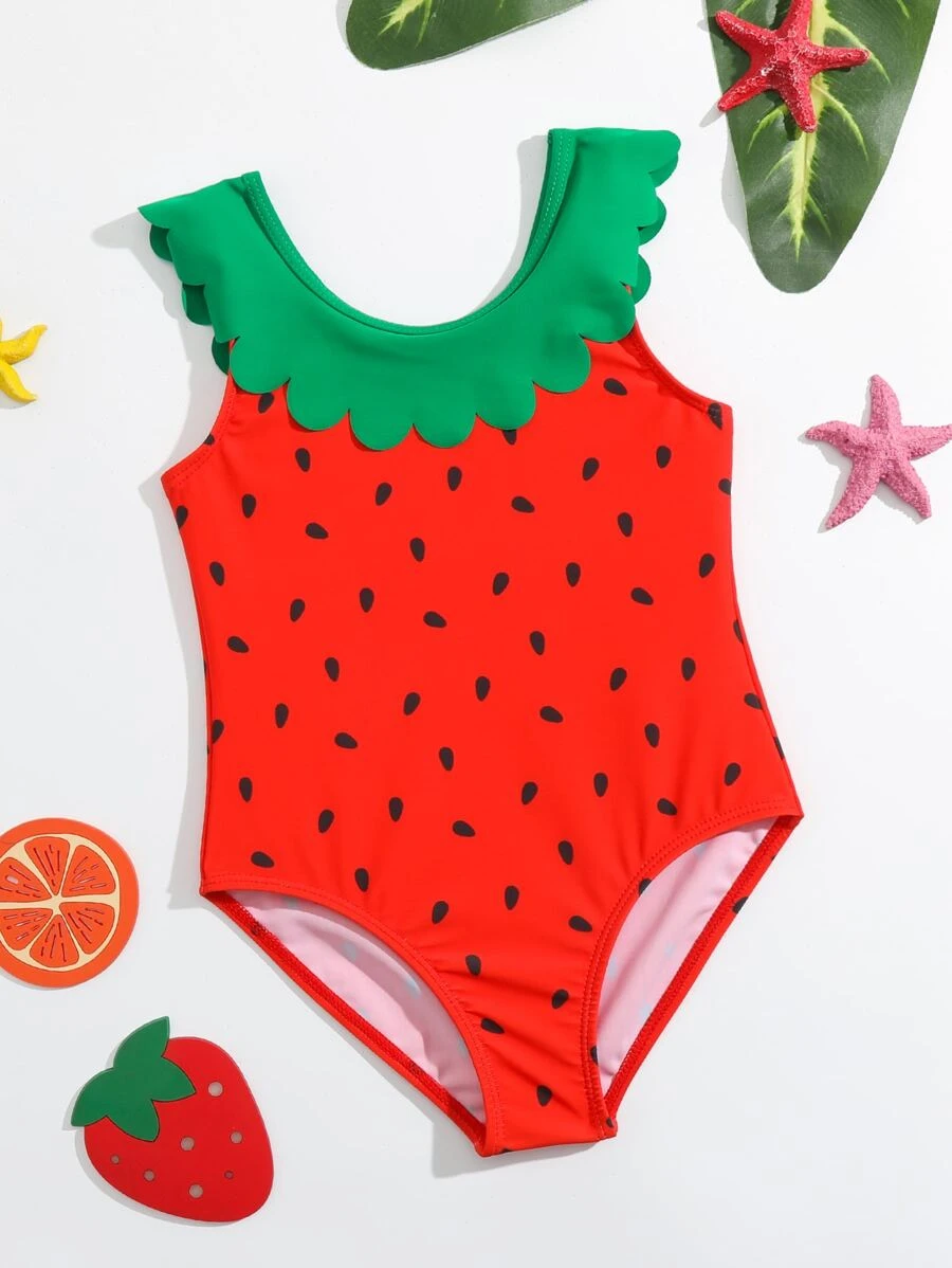 小女童西瓜圖案貝殼邊連體泳衣 - 紅色 - 查看 1