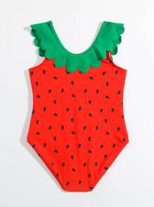 小女童西瓜圖案貝殼邊連體泳衣 - 紅色 - 查看 2