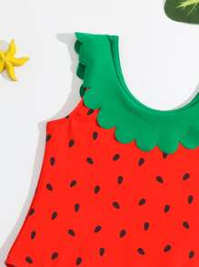 小女童西瓜圖案貝殼邊連體泳衣 - 紅色 - 查看 3