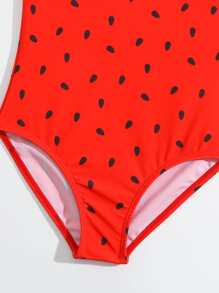 小女童西瓜圖案貝殼邊連體泳衣 - 紅色 - 查看 4