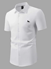 Manfinity Mode Camisa de vestir casual lisa, ajustada al Body, con botones, estampado de caballos y mangas cortas para hombre. - Blanco - Ver 1