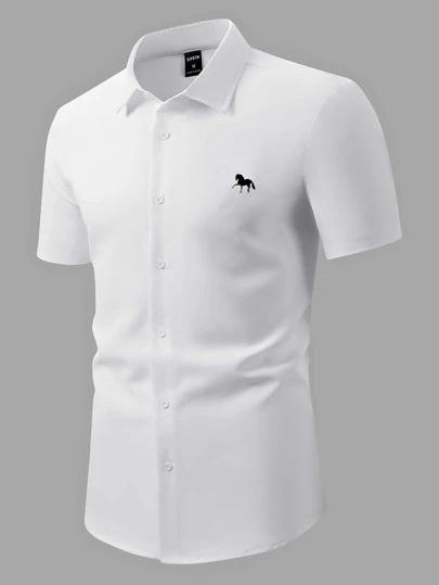 Manfinity Mode Men Horse Print Slim Fit Short Sleeve Button Up Plain Casual Dress Shirt