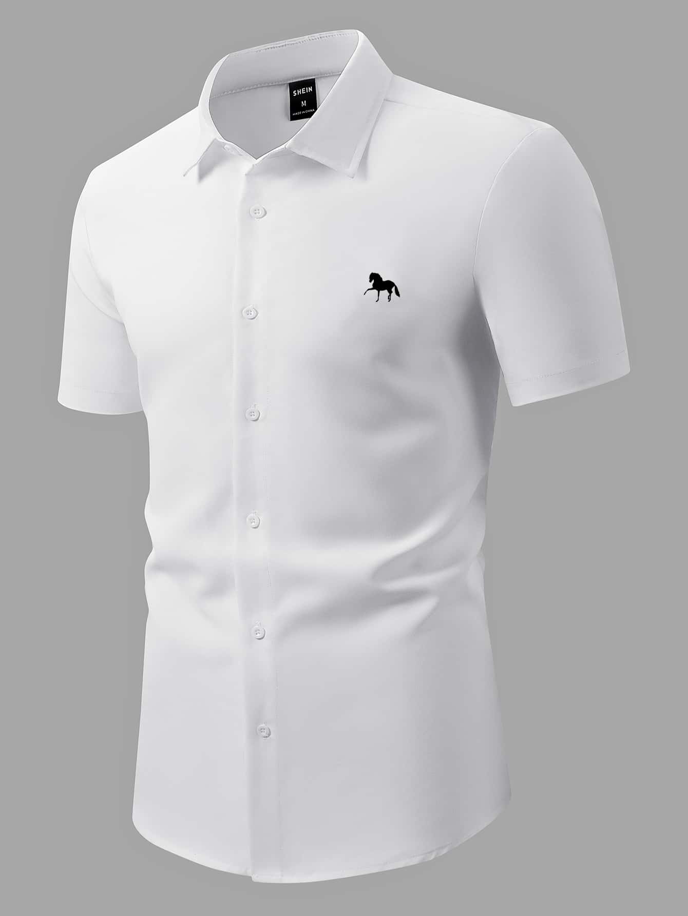 Manfinity Mode Camisa de vestir casual lisa, ajustada al Body, con botones, estampado de caballos y mangas cortas para hombre. - Blanco - Ver 1