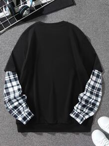 Manfinity Hombres Sudadera con estampado de cuadros con parche de letra 2 en 1 - Negro - Ver 2