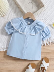 SHEIN 小女童蕾絲拼接荷葉邊泡泡袖襯衫 - 淺藍色 - 查看 1