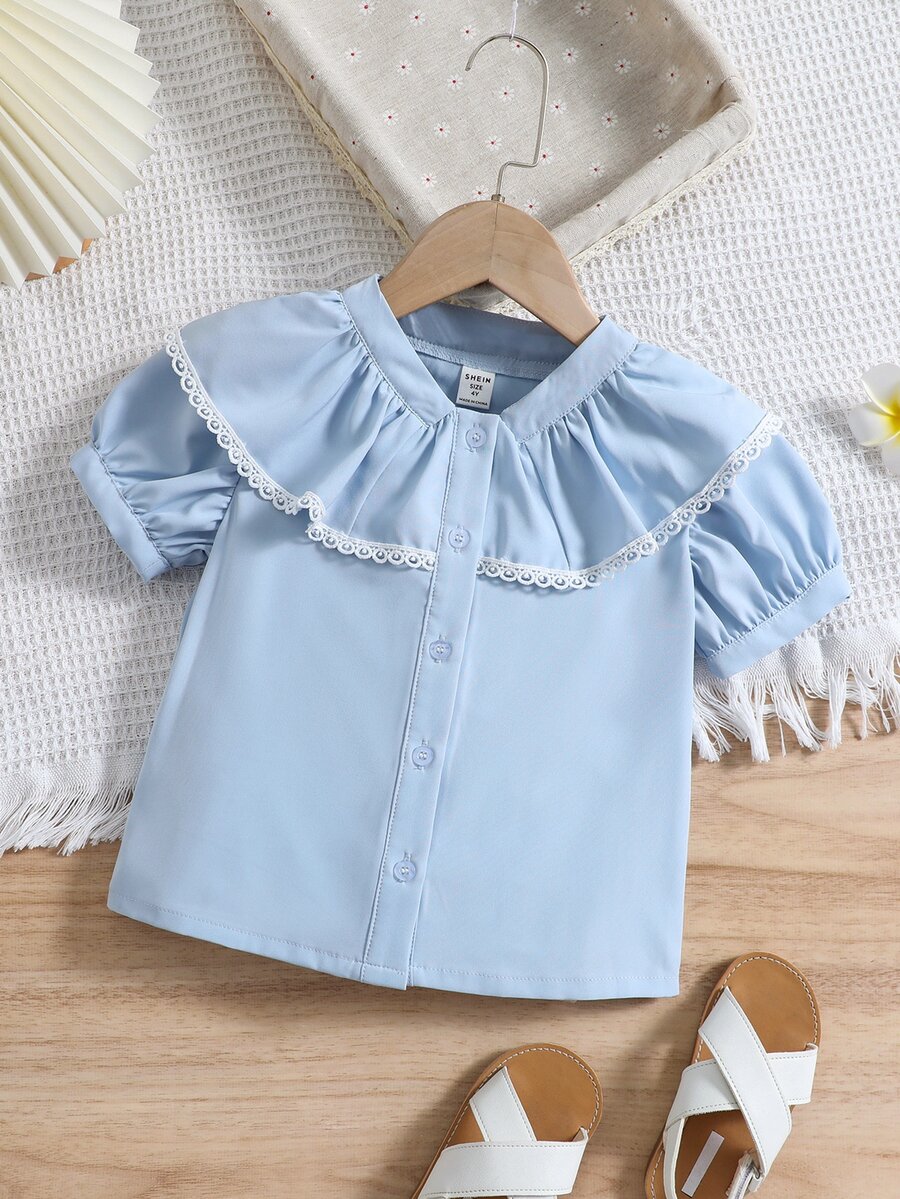 SHEIN 小女童蕾絲拼接荷葉邊泡泡袖襯衫 - 淺藍色 - 查看 1