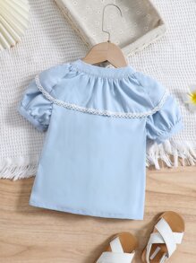 SHEIN 小女童蕾絲拼接荷葉邊泡泡袖襯衫 - 淺藍色 - 查看 2